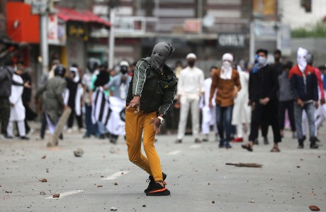 Kashmiri Muslim Protester Throws Stone Indian Editorial Stock Photo