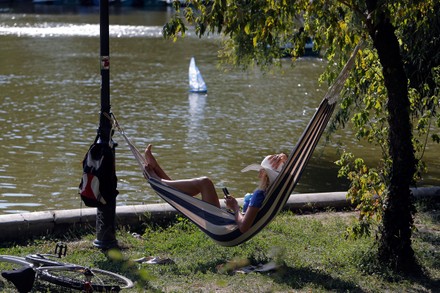 Woman Enjoys Sitting Her Hammock Park Editorial Stock Photo Stock