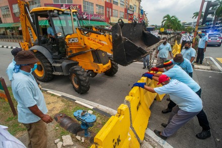 Workers Set Roadblocks Area Under Conditional Editorial Stock Photo