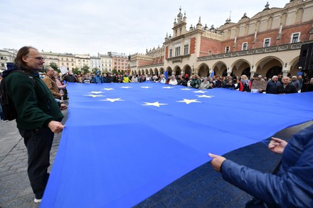 Demonstrators Gathered Krakows Main Square Spread Editorial Stock Photo