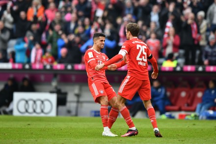 Munichs Thomas Mueller R Celebrates Teammate Editorial Stock Photo