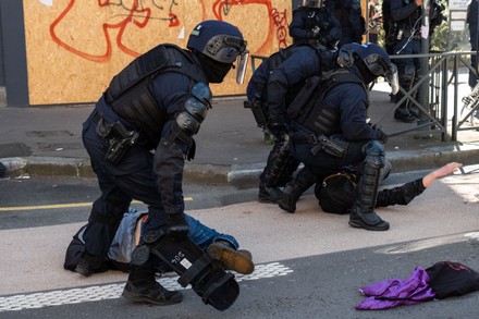 Protestor Throws Stone Police During Demonstration Editorial Stock