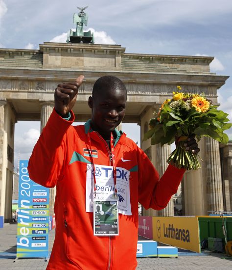 Kenyan Abel Kirui Celebrates After Winning Editorial Stock Photo