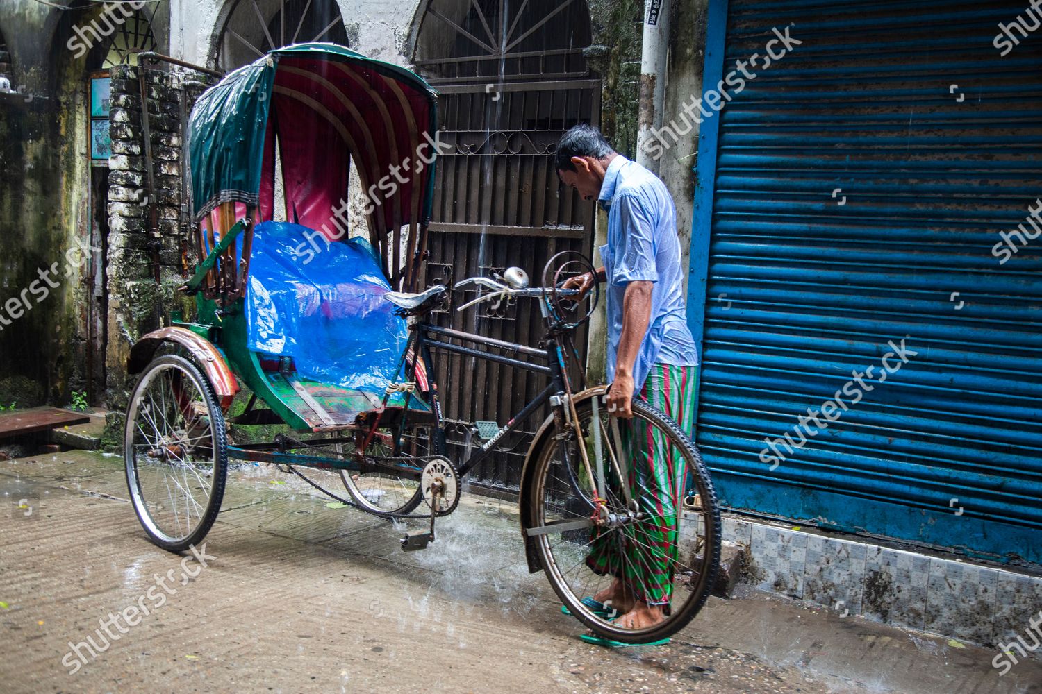 Rickshaw Puller Washes His Rickshaw Rain Editorial Stock Photo Stock