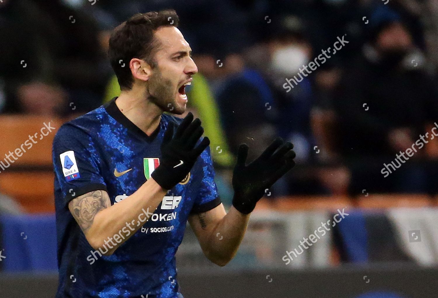 Inter Milans Hakan Calhanoglu Reacts During Editorial Stock Photo