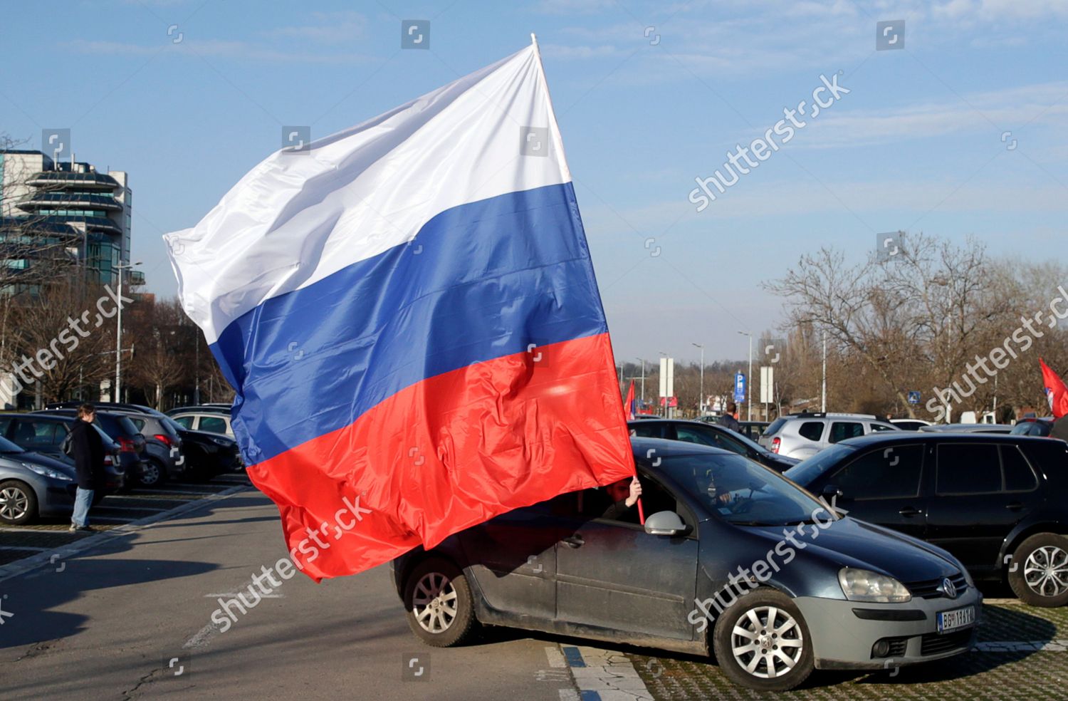 Motorist Waves Giant Russian Flag During Editorial Stock Photo Stock