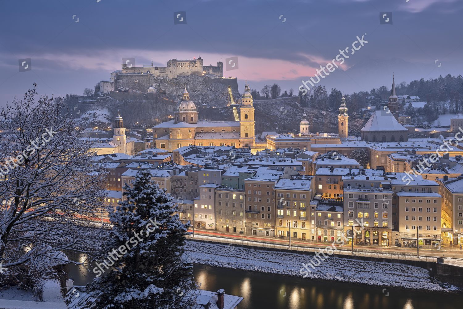 Winterly Salzburg Fortress Hohen Salzburg Night Editorial Stock Photo