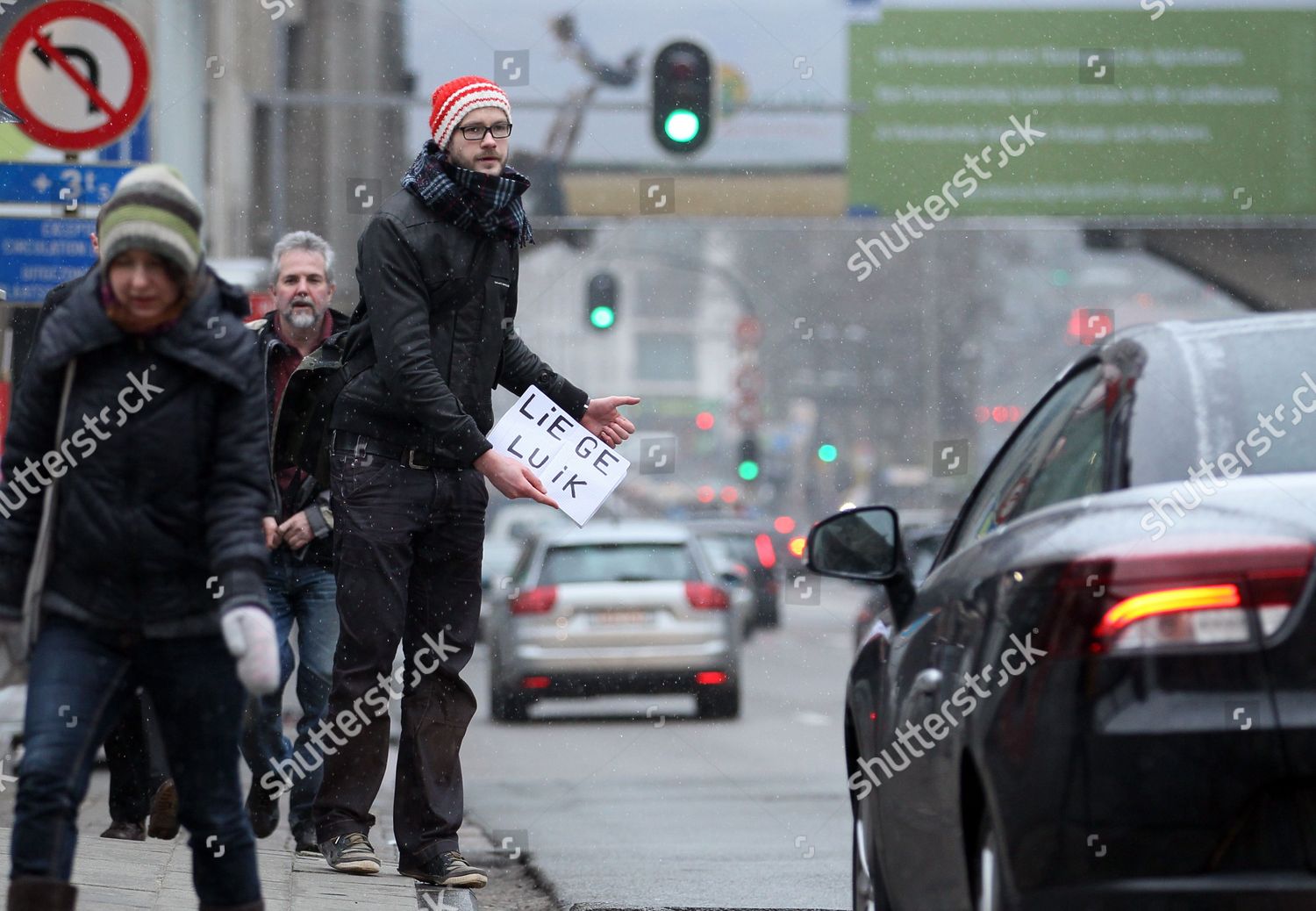 Man Hitchhikes On Main Avenue Brussels Editorial Stock Photo Stock