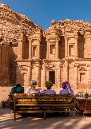 Tourists Sitting On Bench Monastery Rock Editorial Stock Photo - Stock ...