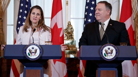 US Secretary of State Mike Pompeo and Secretary of Defense James Mattis host the US-Canada 2+2 Ministerial with Canadian Foreign Minister Chrystia Freeland, and Canadian Defense Minister Harjit Sajjan
at the Department of State., Washington, USA - 14 Dec 