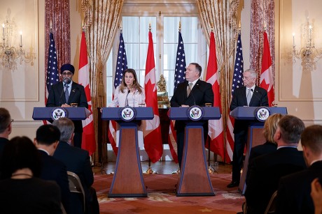 US Secretary of State Mike Pompeo and Secretary of Defense James Mattis host the US-Canada 2+2 Ministerial with Canadian Foreign Minister Chrystia Freeland, and Canadian Defense Minister Harjit Sajjan
at the Department of State., Washington, USA - 14 Dec 