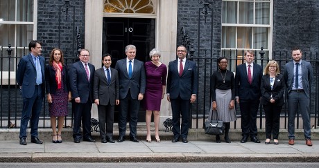 Theresa May . Government Reshuffle In Downing Street 8th January 2018 Pm Theresa May With James Cleverly Brandon Lewis And Other Tory Mps. Cabinet Reshuffle (from The Left) Cchq Vice Chair For Training And Development James Morris Cchq Vice Chair For