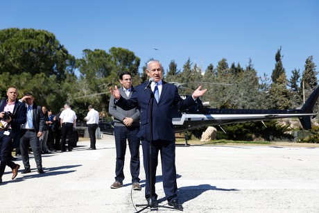 Israeli Prime Minister Benjamin Netanyahu speaks as Danon, Israel's ambassador to the United Nations stands behind him, during a briefing by Netanyahu to a delegation of ambassadors to the United Nations, in Jerusalem - 03 Feb 2019