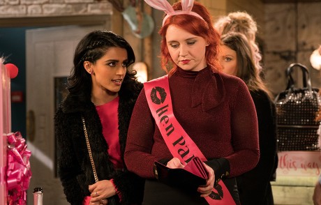 Ep 9716
Wednesday 13th March 2019 - 1st Ep
The girls are furious to learn that Lolly, as played by Katherine Pearce, ignored their wishes and booked a stripper for the hen do. Desperate to escape Rana Nazir, as played by Bhavna Limbachia, leads a blindfolded Kate Connor, as played by Faye Brookes, into the empty factory and reveals the bespoke outfit she has made for her for the wedding.