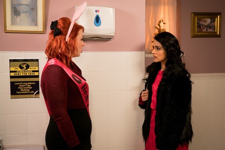 Ep 9717
Wednesday 13th March 2019 - 2nd Ep
Lolly, as played by Katherine Pearce, confronts Kate then storms into the ladies. A conciliatory Rana Nazir, as played by Bhavna Limbachia, follows her to try and smooth things over.