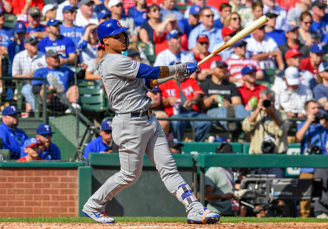 Mar 28, 2019: Chicago Cubs shortstop Javier Baez #9 during an Opening Day  MLB game between the Chicago Cubs and the Texas Rangers at Globe Life Park  in Arlington, TX Chicago defeated