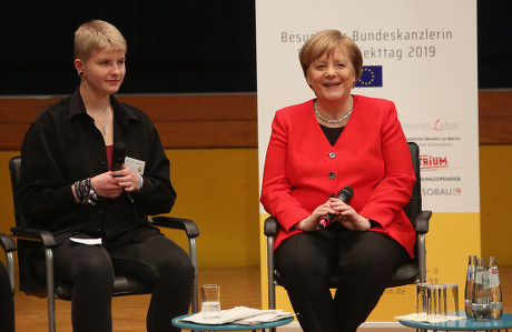 Merkel visits school to discuss European Union topics, Berlin, Germany - 02 Apr 2019