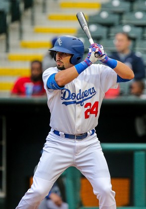 April 16, 2019: Oklahoma City Dodgers infielder Edwin Rios (24) during a  baseball game between the Omaha Storm Chasers and the Oklahoma City Dodgers  at Chickasaw Bricktown Ballpark in Oklahoma City, OK.