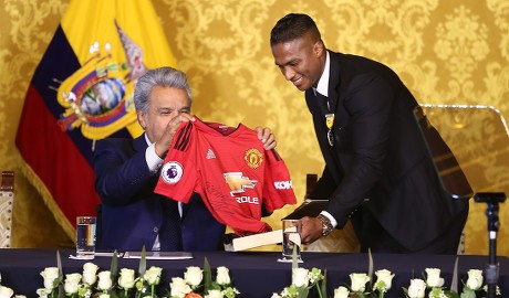 Ecuadoran President Lenin Moreno decorates soccer player Antonio Valencia, Quito, Ecuador - 14 May 2019
