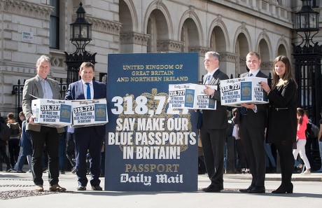 L_r - Nigel Evans Mp Andrew Brigden Mp Andrew Rosindell Mp David Churchill And Eleanor Hayward Daily Mail Reporters Carry Boxes 318 727 Signatures To 'make Blue Passports In Britain' To Be Handed In To Number 10 Downing Street.