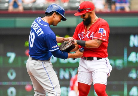 June 02, 2019: Texas Rangers second baseman Rougned Odor #12 pulls up his  pants above his knees like shorts as a tip of the cap to fellow teammate  Hunter Pence who has