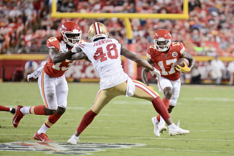 Aug 24, 2019: During pregame warm-ups tight end Travis Kelce (87) of the  Kansas City Chiefs runs through drills in the week 3 preseason game where  the San Fransisco 49ers visited the