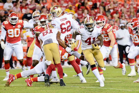 Aug 24, 2019: During pregame warm-ups tight end Travis Kelce (87) of the  Kansas City Chiefs runs through drills in the week 3 preseason game where  the San Fransisco 49ers visited the