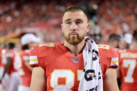 Kansas City Chiefs tight end Travis Kelce (87) looks on before an NFL  football game against the San Francisco 49ers, Sunday, Oct. 23, 2022 in  Santa Clara, Calif. (AP Photo/Lachlan Cunningham Stock