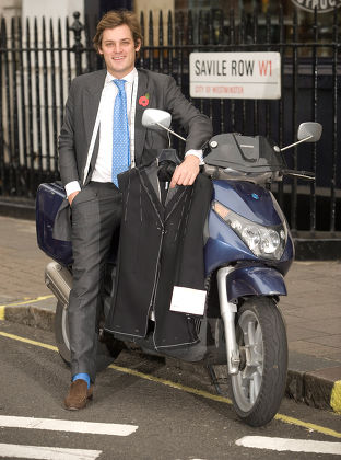 Mobile taylor, Charlie Collingwood and his scooter in Savile Row, London, Britain - 29 Oct 2009