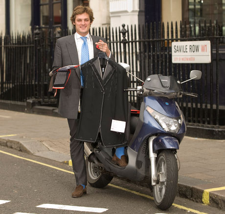 Mobile taylor, Charlie Collingwood and his scooter in Savile Row, London, Britain - 29 Oct 2009