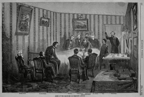 Scene at the deathbed of President Abraham Lincoln, April 15, 1865. L-R: Wells, Stanton, Sumner,