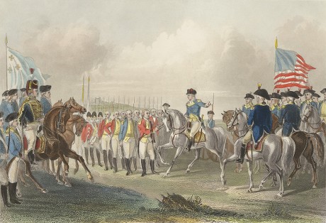 American Revolution. Surrender British army commanded by Lord Cornwallis at Yorktown, Virginia, Oct. 19, 1781. Officers from the French and American armies are depicted at the surrender of General Cornwallis sword, carried by his adjutant, Gen. Charles OHara. General Washington points toward his second in command, Gen. Benjamin Lincoln, indicating the absent commanders sword would be accepted by an officer of OHaras rank