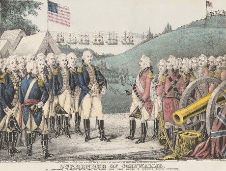 American Revolution. Popular print depicts the Surrender British at Yorktown, Virginia, Oct. 19, 1781. Lord Cornwallis was not at the ceremony, but his sword was carried by adjutant, Gen. Charles OHara, who was required to surrender it to an officer of his own rank, Washingtons adjutant, Gen. Benjamin Lincoln