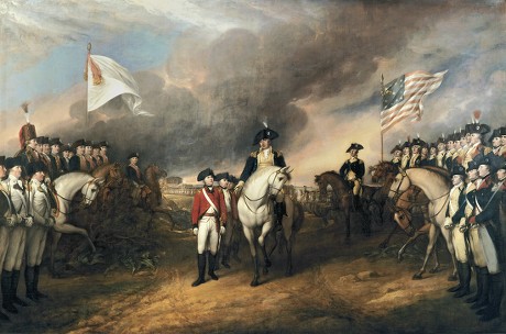 American Revolution. Surrender British army commanded by Lord Cornwallis at Yorktown, Virginia, Oct. 19, 1781. In center, British Gen. Charles OHara, Cornwallis adjutant, surrendered his sword to mounted Major Gen. Benjamin Lincoln, Washingtons second-in-command. Generals Rochambeau and Washington are behind the central group, mounted, standing apart from the larger group of French officers (on left) and Americans (on right). Standing 4th from right is Alexander Hamilton