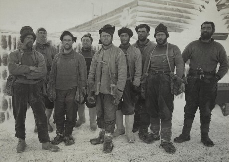 Portrait of Terra Nova explorers at the South Pole, June 18, 1912. Standing, L-R: Edward Wilson; Robert Falcon Scott; Lawrence Oates. Sitting, L-R: Henry Robertson Bowers; Edward Evans. The men party died on the return journey from the pole. This photo was in a camera found eight months later