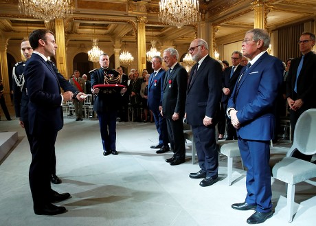 French President Emmanuel Macron delivers a speech during a medal ceremony at the Elysee Palace in Paris, France - 18 Nov 2019
