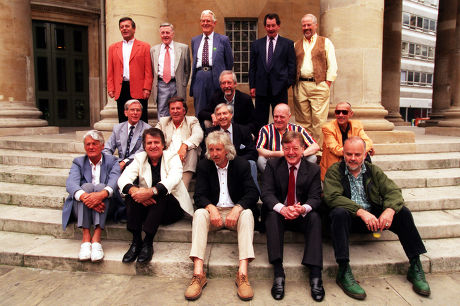 Fifteen Of The Original Radio 1 Dj's Line-up On The Steps Of All Soul's Church Central London In A Recreation Of The Original Publicity Photograph Taken 30 Years Ago That Launched The New Station. (l-r) Back Row: Tony Blackburn Jimmy Young Robin Sc