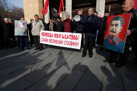 Georgian Stalinists Hold Red Flags Portraits Editorial Stock Photo ...