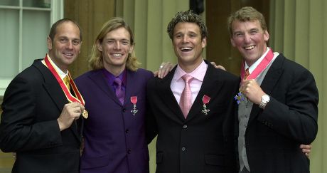 Britain's Five Time Olympic Gold Medallist Sir Steven Redgrave (left) Poses After He Received A Knighthood From Queen Elizabeth Ii With Fellow Olympians (l-r) Tim Foster Mbe James Cracknell Mbe And Matthew Pinsent Cbe.