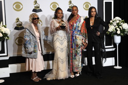 Margaret Boutte, Emani Asghedom, Samantha Smith and Lauren London, the family of late rapper Nipsey Hussle, pose in the press room on his behalf with the Grammy for Best Rap/Sung Performance for 'Higher' during the 62nd annual Grammy Awards ceremony at the Staples Center in Los Angeles, California, USA, 26 January 2020.