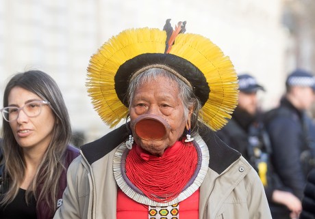 Brazilian indigenous leaders hand in a petitition at Downing Street, London, UK - 03 Feb 2020