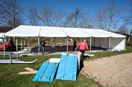 Godik supplies toilet van and classroom tent for school in Stoevring, Denmark - 13 Apr 2020
