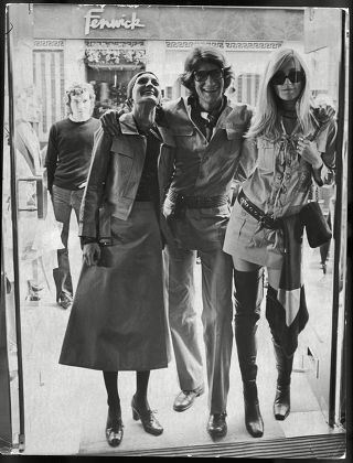 Yves Saint Laurent Fashion Designer With Friends Betty Catroux (r) And Louise De La Falaise (l) In The Doorway Of Their New New Bond Street Premises.