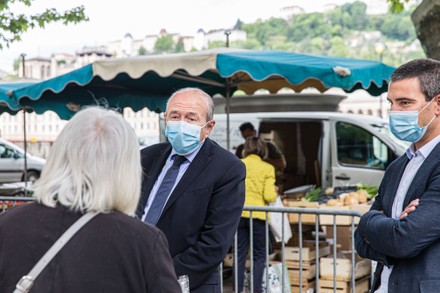 Mayor of Lyon Gerard Collomb visits a market, Lyon, France - 05 May 2020