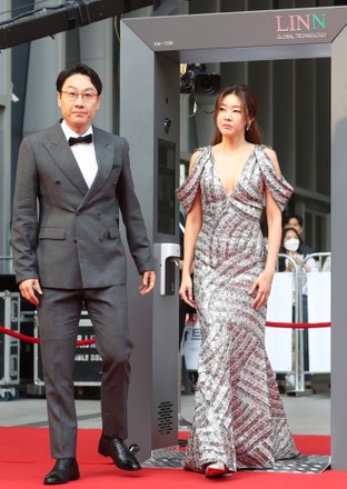 Film award emcees walk through temperature check gate in South Korea, Seoul - 03 Jun 2020