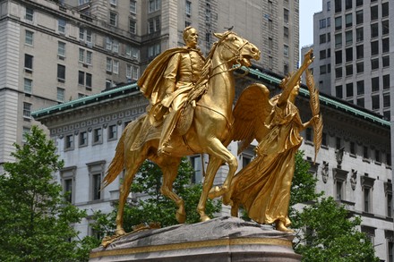 A general view of the golden equestrian statue of William Tecumseh Sherman, by sculptor by Augustus Saint-Gaudens, at Grand Army Plaza