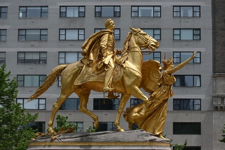 A general view of the golden equestrian statue of William Tecumseh Sherman, by sculptor by Augustus Saint-Gaudens, at Grand Army Plaza