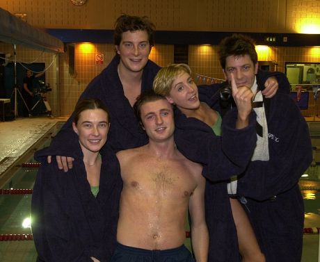 London Charity Swim Between Mps And Peers Held At City Of London School A Celebrity Team Back Row L-r Bear Grylls Flora Montgomery And Hamish Clark. Front Row L-r Gillian Revie And Sebastian Dunne.