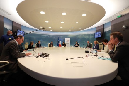 French president Emmanuel Macron takes part in a videoconference with region prefects at the crisis center of the interior ministry, Paris, France - 14 May 2020
