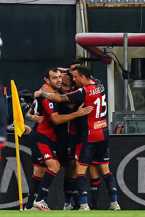 Genoa, Italy - 02 August, 2020: Cristian Romero (C) of Genoa CFC celebrates  after scoring a goal during the Serie A football match between Genoa CFC  and Hellas Verona. Genoa CFC won